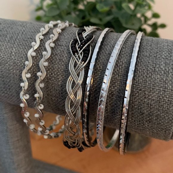Silver Tone and Black Bangles (set of 6) - Picture 1 of 3